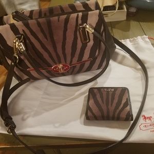 Coach zebra print bag and wallet set